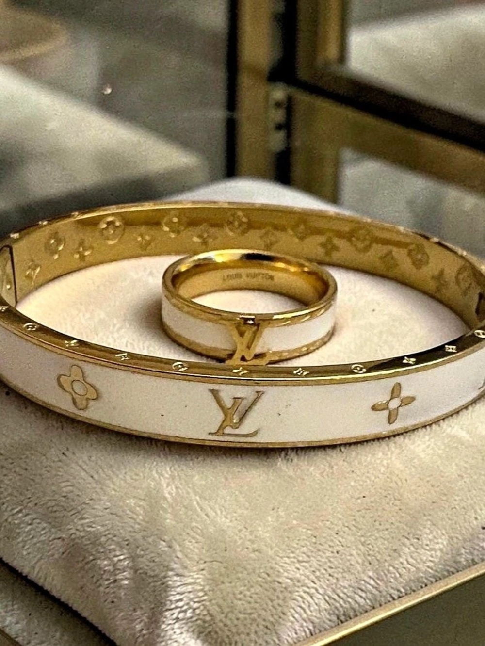 White Gold-Tone Bangle Bracelet and Ring Set